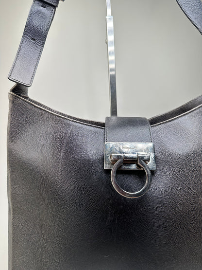 Vintage Ferragamo Leather Shoulder Bag Black Silver c. 2000