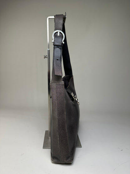 Vintage Ferragamo Leather Shoulder Bag Black Silver c. 2000