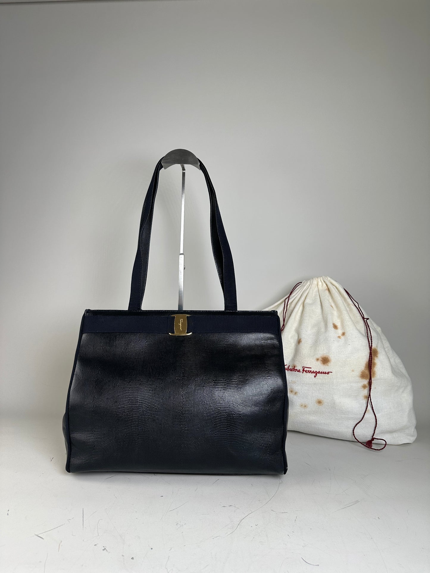 Vintage Ferragamo Textured Leather Tote Navy Gold