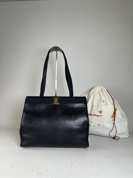 Vintage Ferragamo Textured Leather Tote Navy Gold