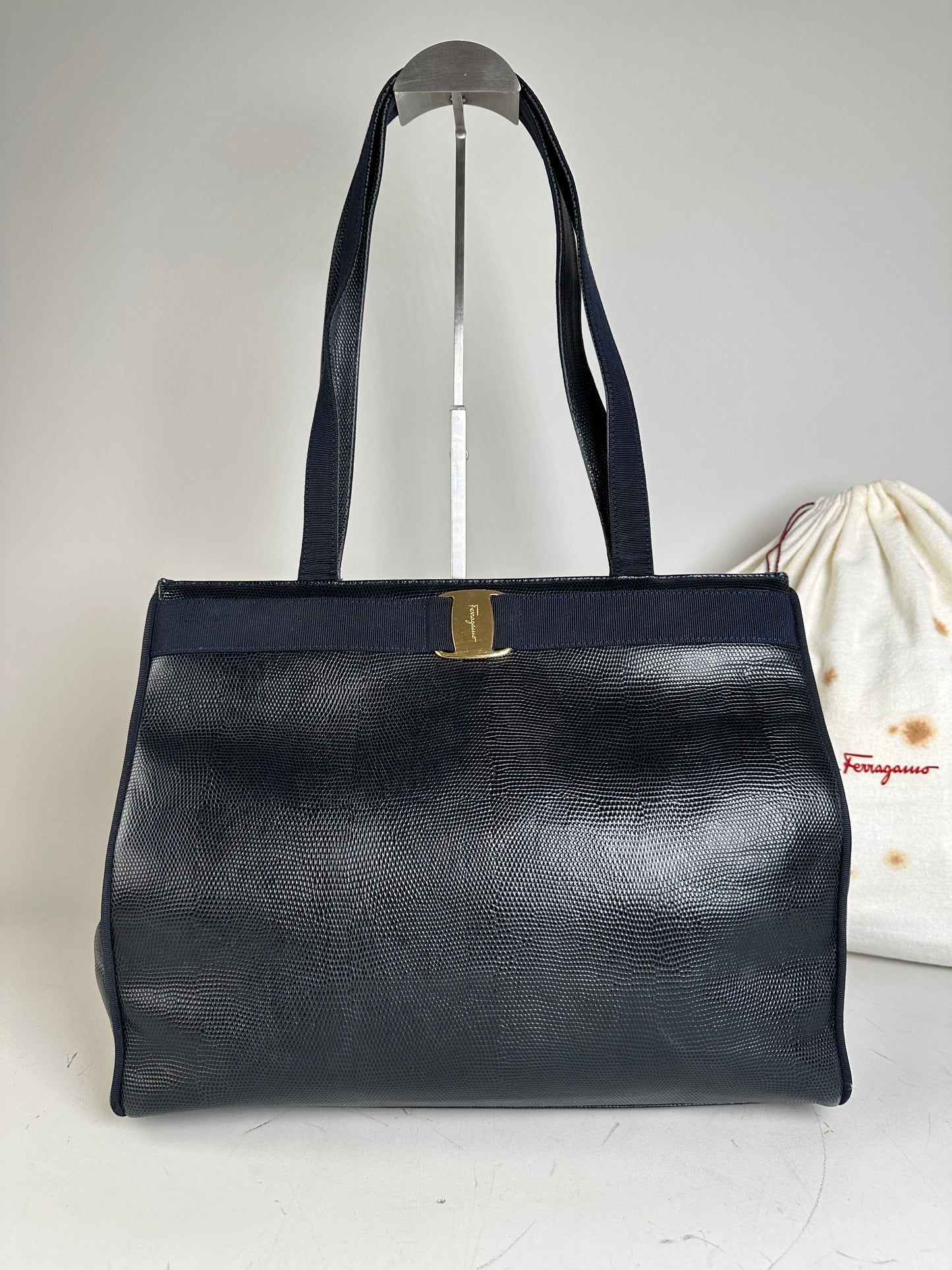 Vintage Ferragamo Textured Leather Tote Navy Gold