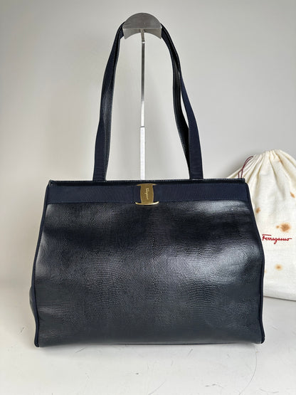 Vintage Ferragamo Textured Leather Tote Navy Gold