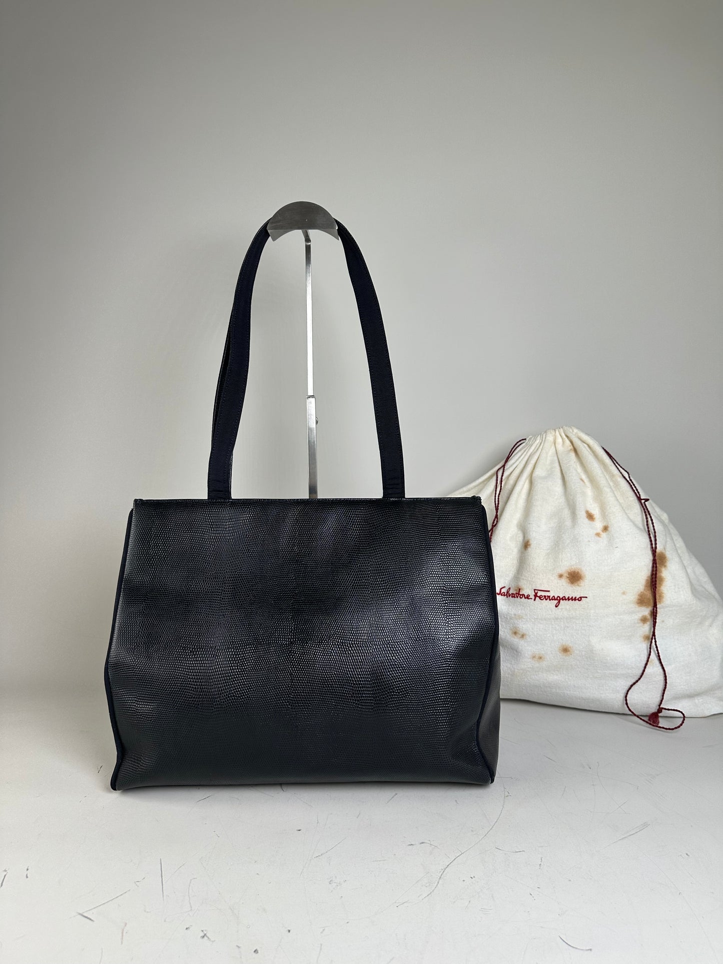 Vintage Ferragamo Textured Leather Tote Navy Gold