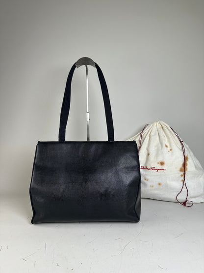 Vintage Ferragamo Textured Leather Tote Navy Gold