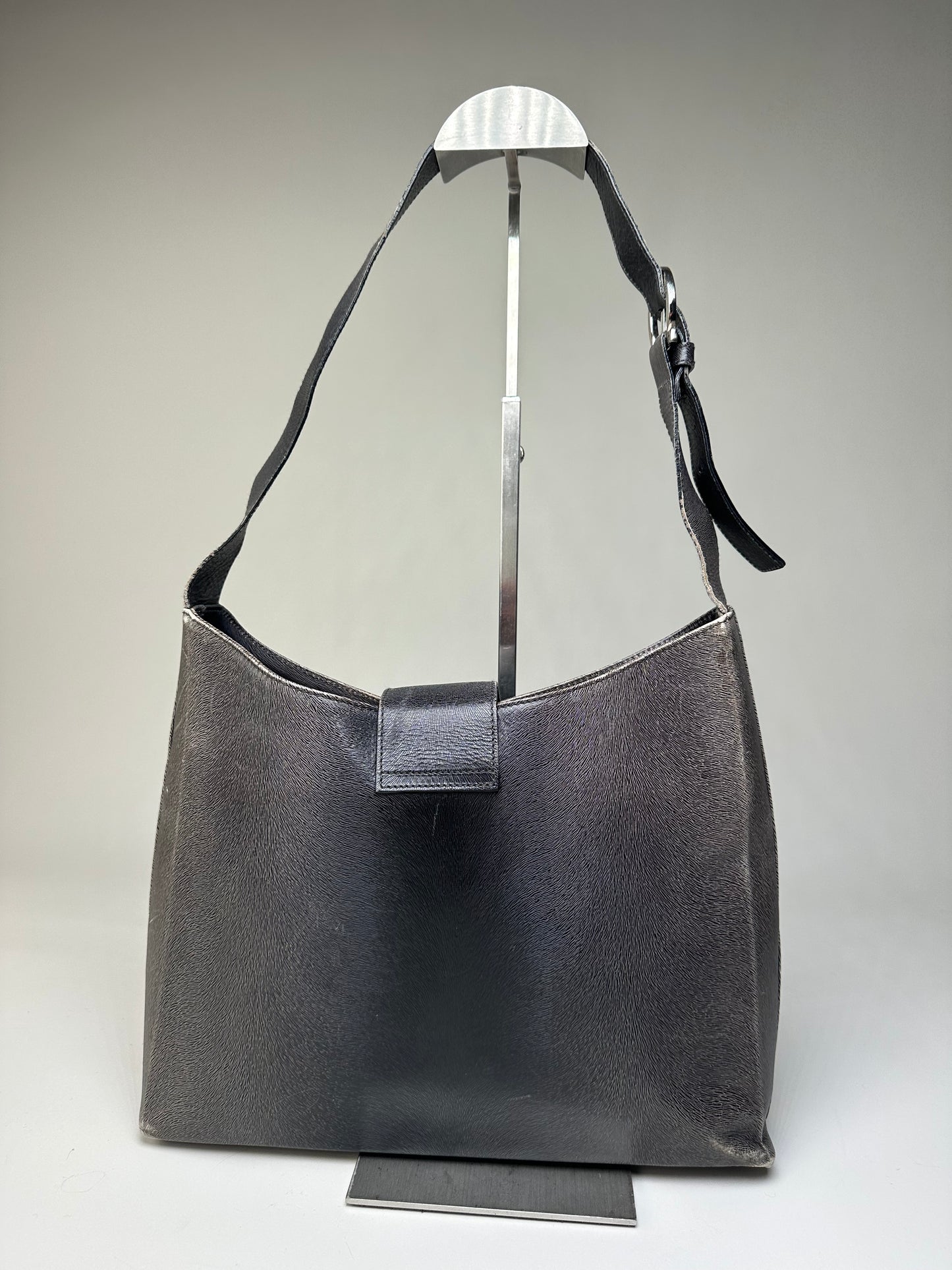 Vintage Ferragamo Leather Shoulder Bag Black Silver c. 2000