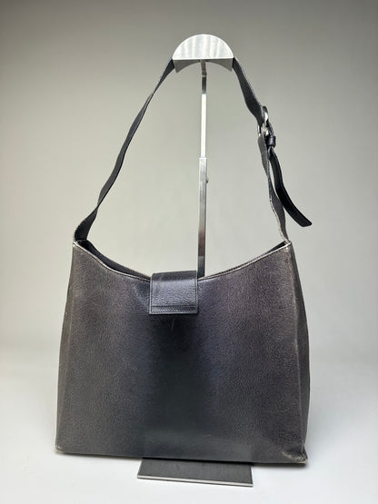 Vintage Ferragamo Leather Shoulder Bag Black Silver c. 2000