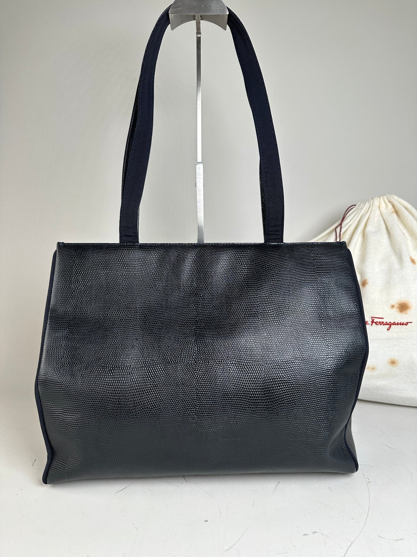 Vintage Ferragamo Textured Leather Tote Navy Gold
