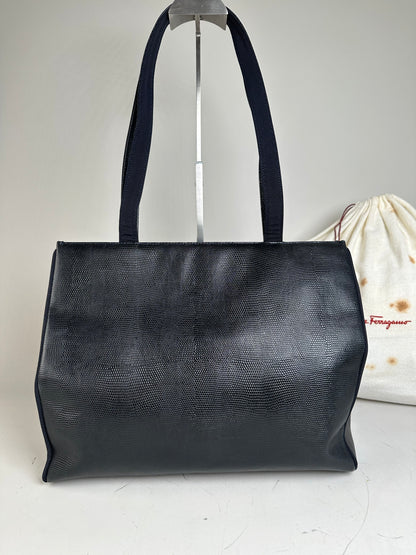 Vintage Ferragamo Textured Leather Tote Navy Gold