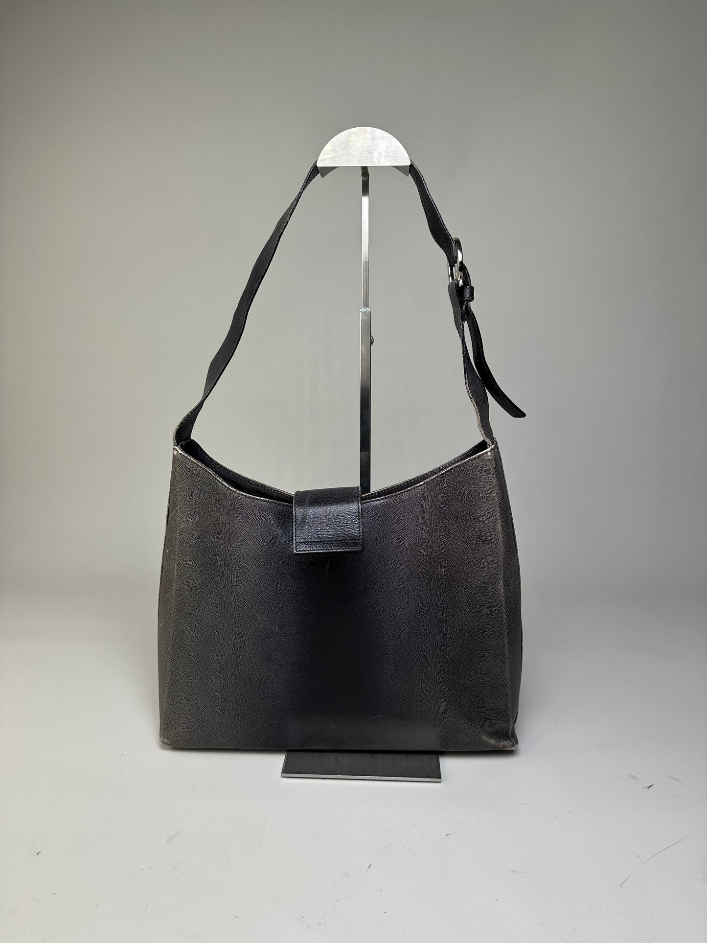 Vintage Ferragamo Leather Shoulder Bag Black Silver c. 2000