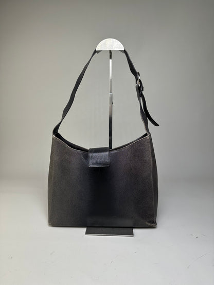 Vintage Ferragamo Leather Shoulder Bag Black Silver c. 2000