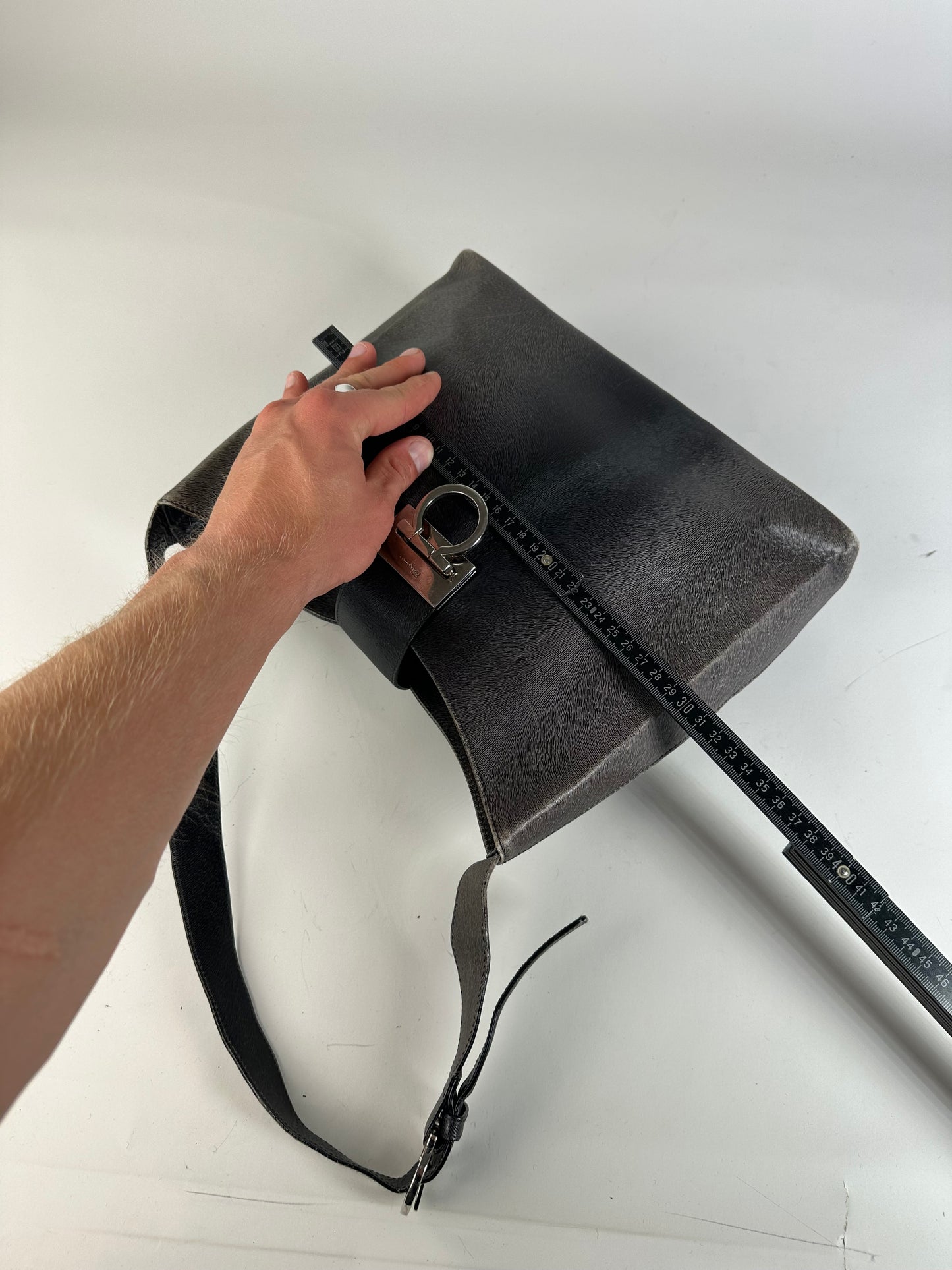 Vintage Ferragamo Leather Shoulder Bag Black Silver c. 2000