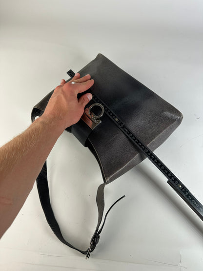 Vintage Ferragamo Leather Shoulder Bag Black Silver c. 2000