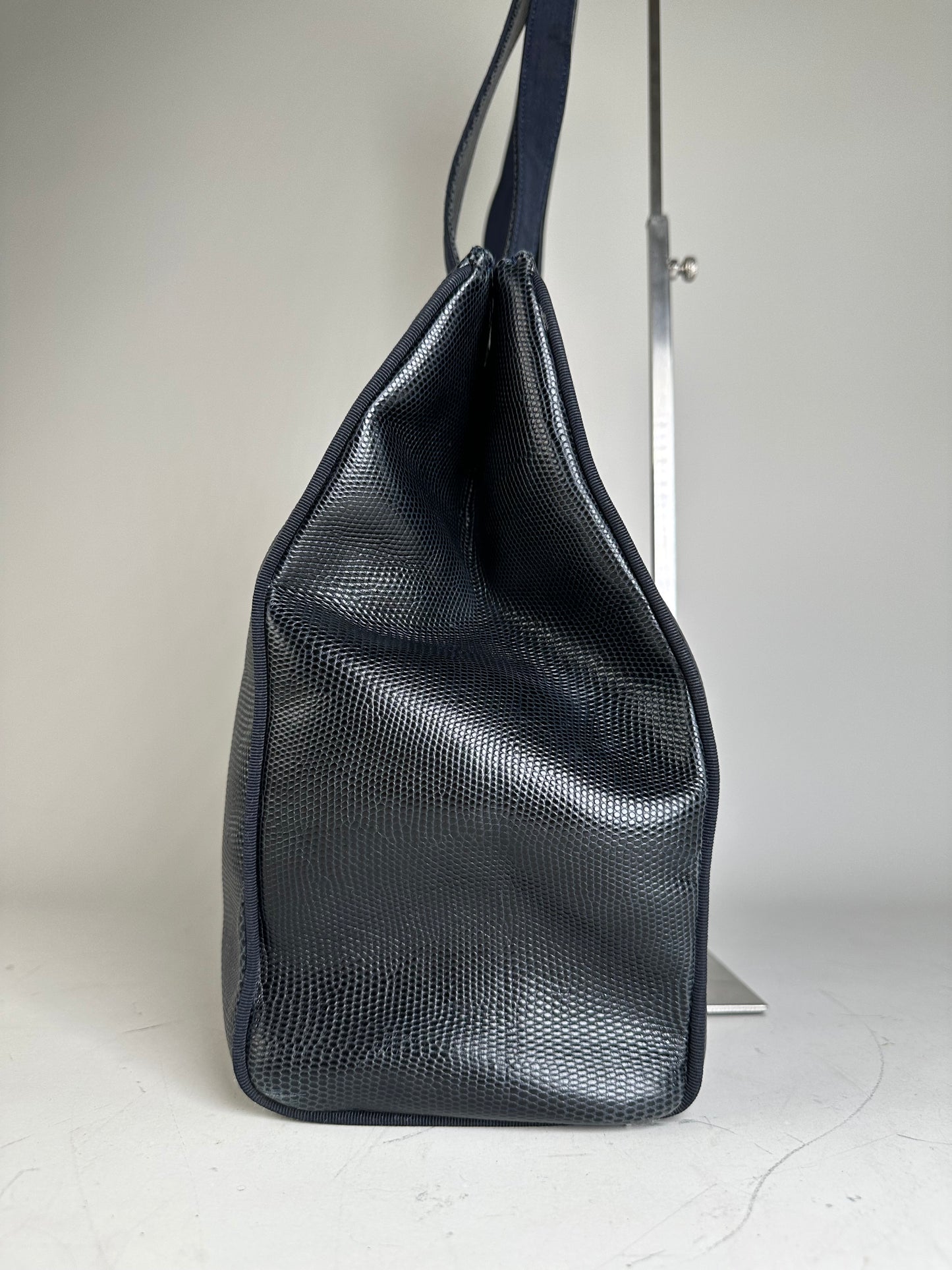 Vintage Ferragamo Textured Leather Tote Navy Gold