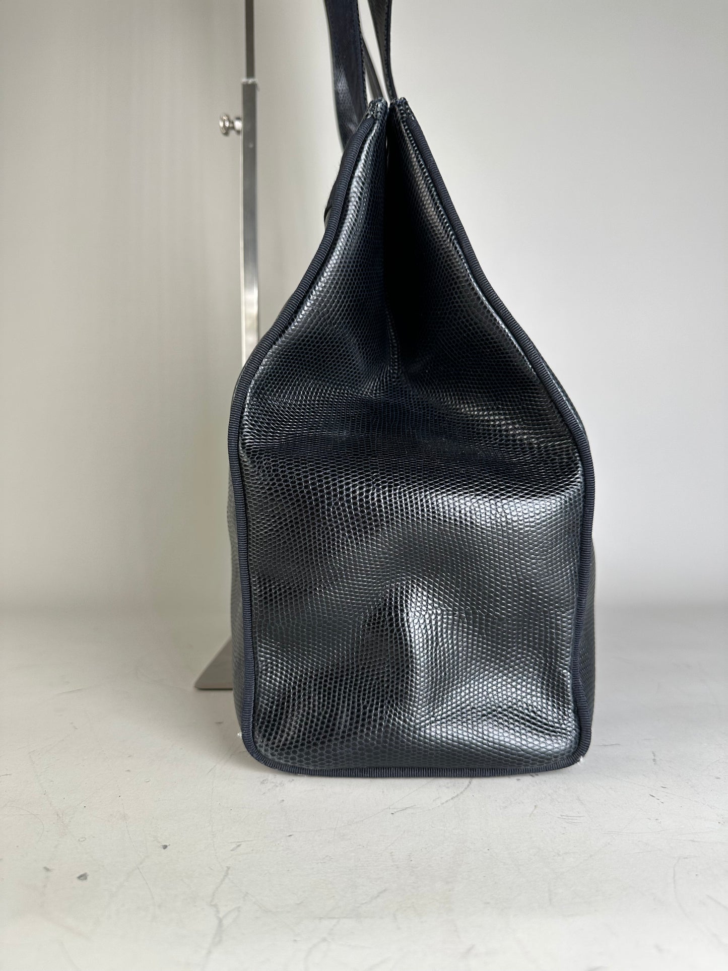Vintage Ferragamo Textured Leather Tote Navy Gold