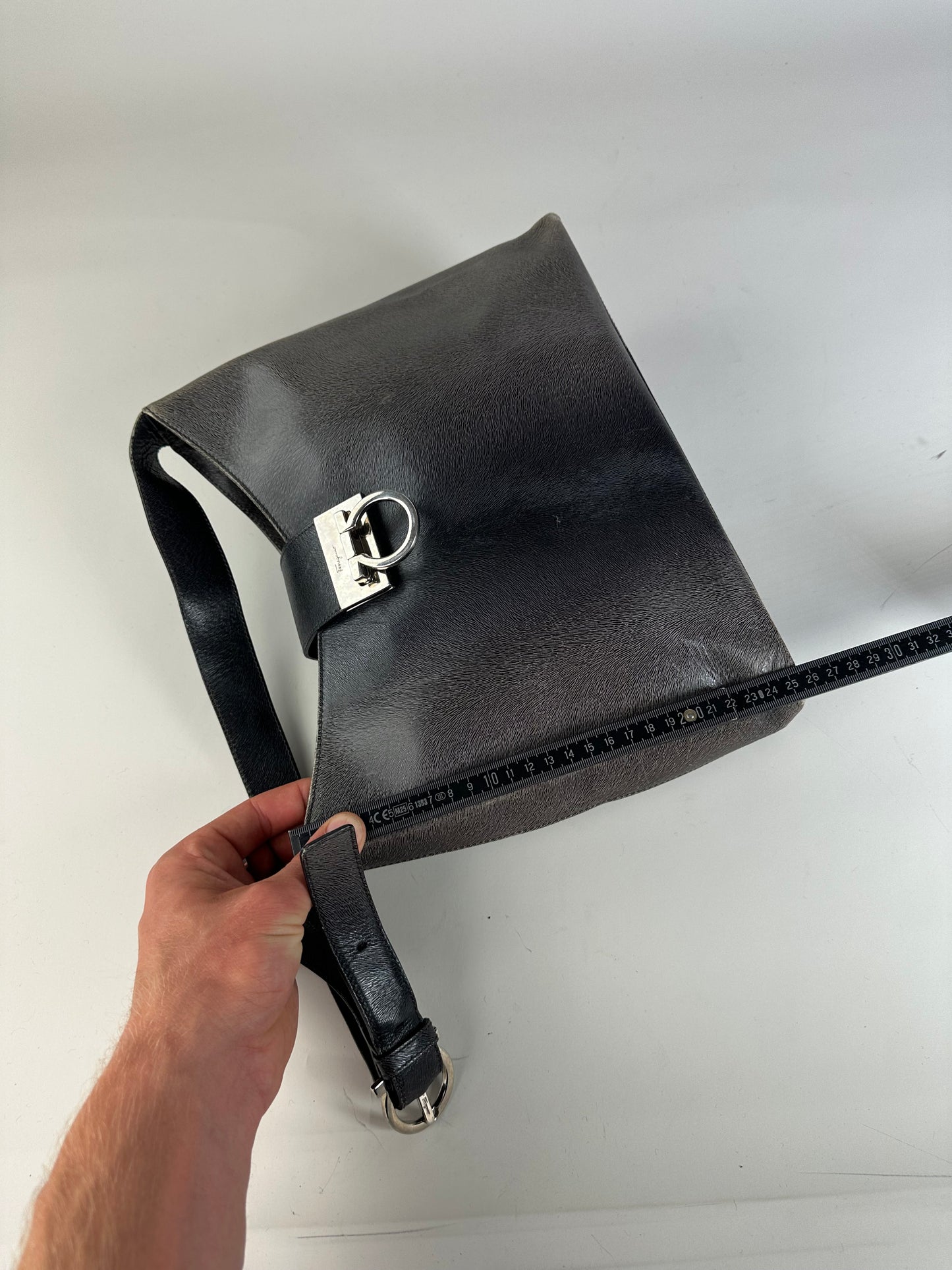 Vintage Ferragamo Leather Shoulder Bag Black Silver c. 2000