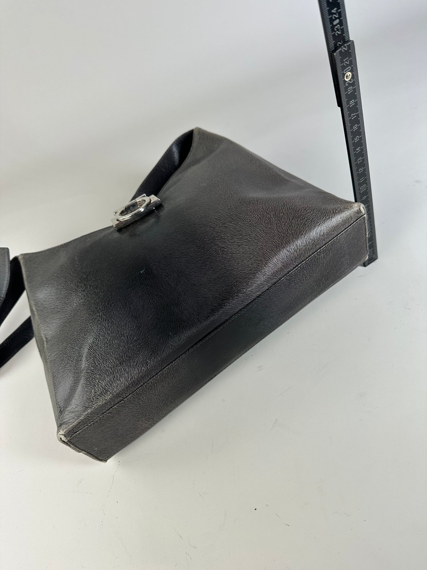 Vintage Ferragamo Leather Shoulder Bag Black Silver c. 2000