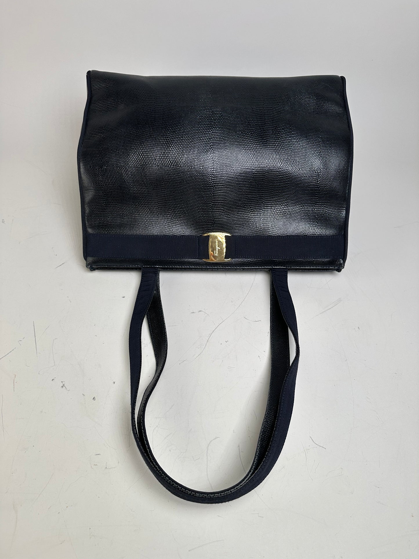 Vintage Ferragamo Textured Leather Tote Navy Gold