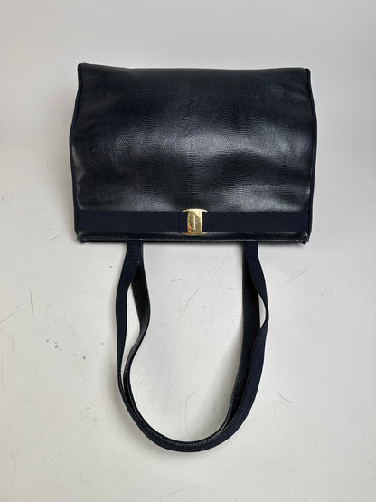 Vintage Ferragamo Textured Leather Tote Navy Gold