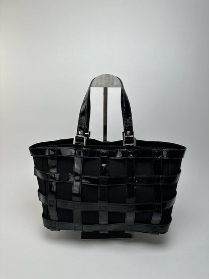 Sac cage vintage en cuir verni Courreges noir