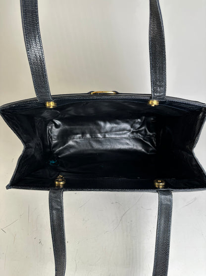 Vintage Ferragamo Textured Leather Tote Navy Gold