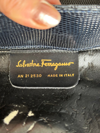 Vintage Ferragamo Textured Leather Tote Navy Gold