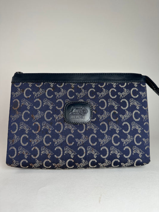 Vintage Celine Paris Monogram Clutch Navy White