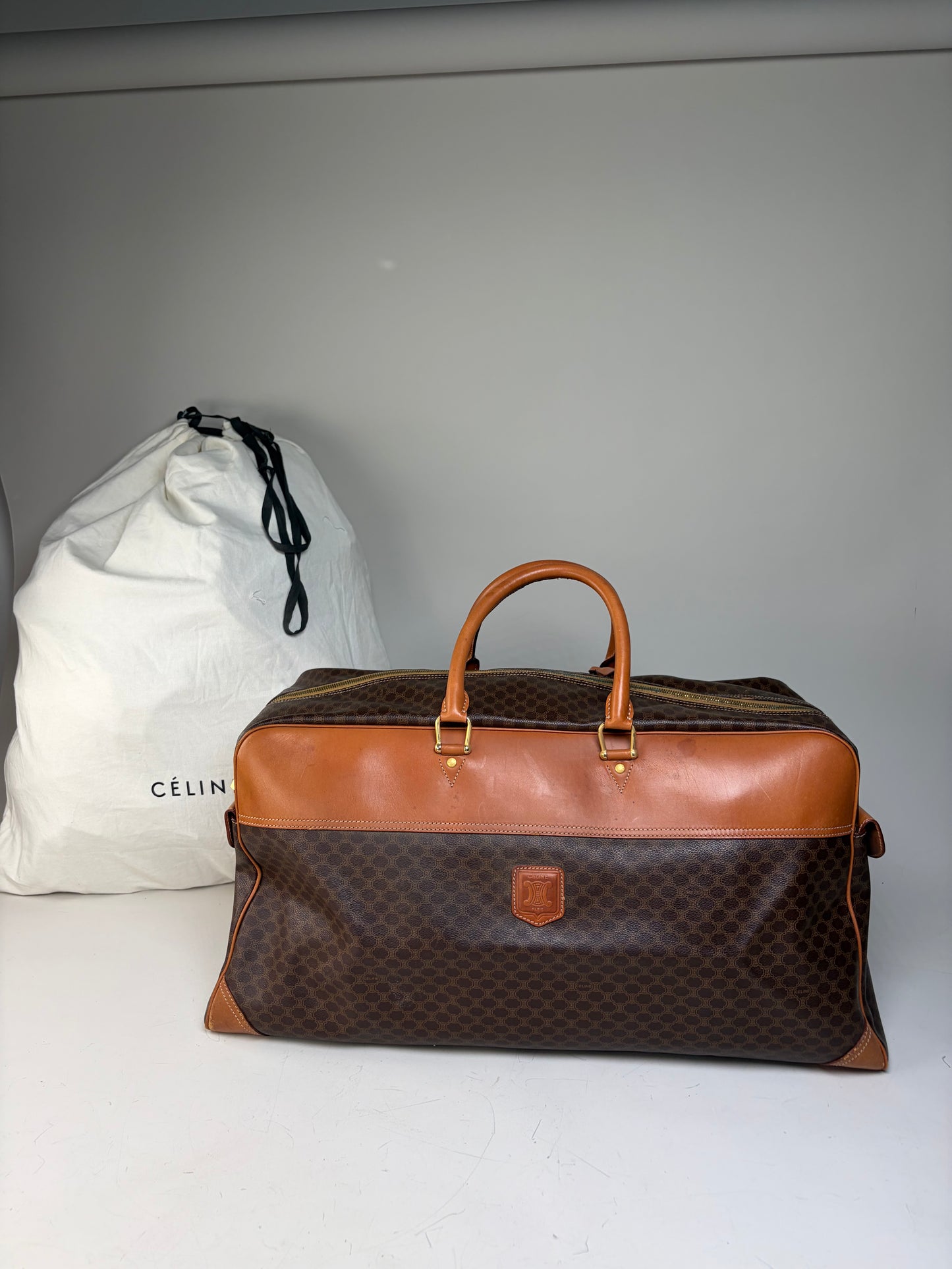 Vintage Celine Macadam Canvas Duffle Bag Brown Tan