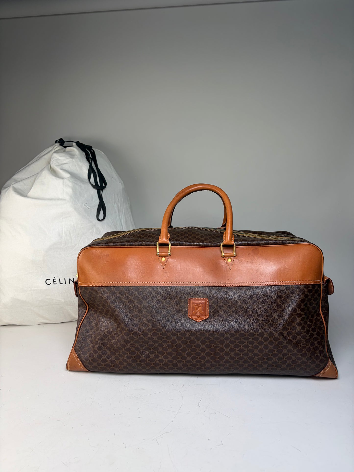 Vintage Celine Macadam Canvas Duffle Bag Brown Tan