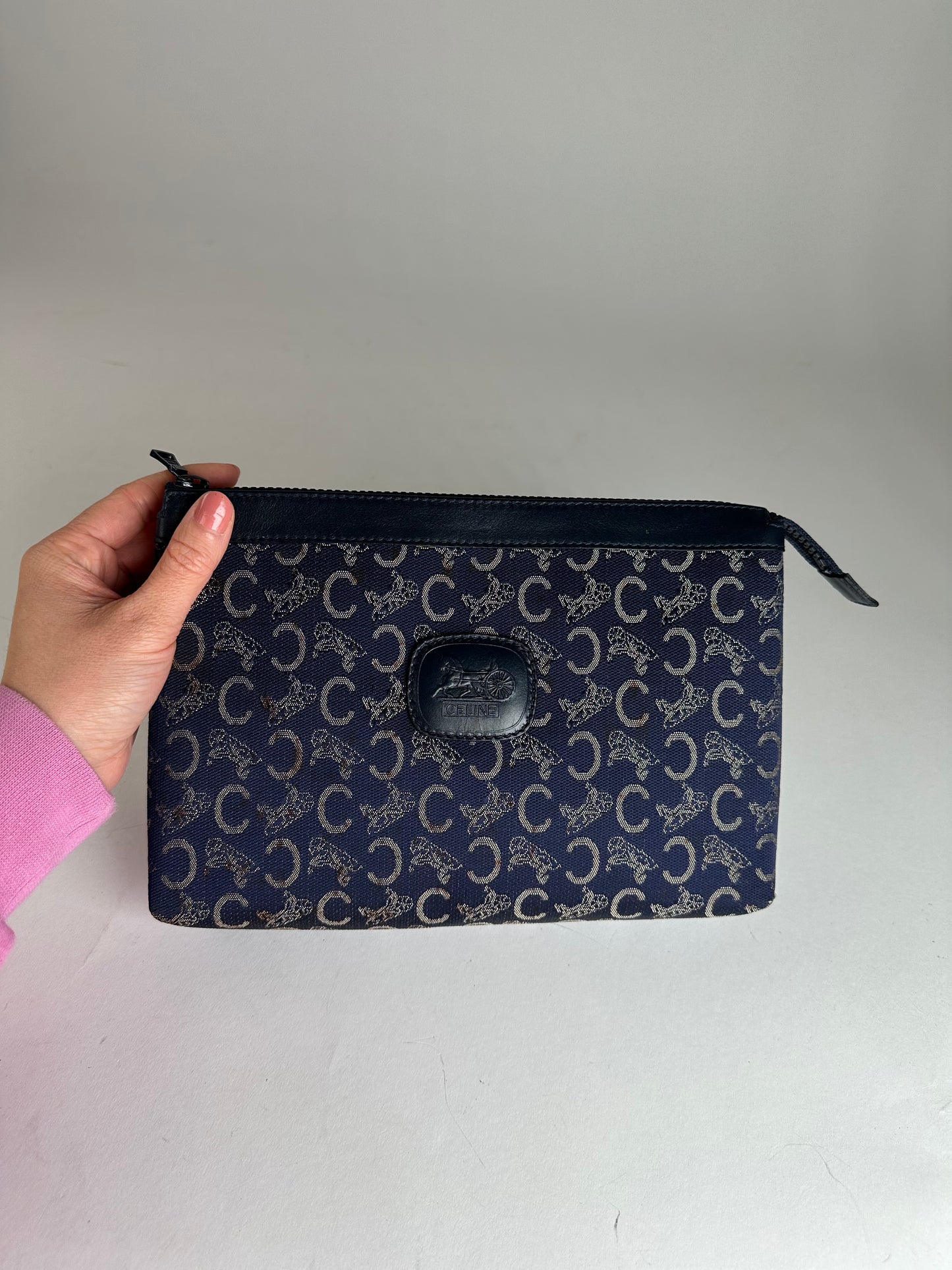 Vintage Celine Paris Monogram Clutch Navy White