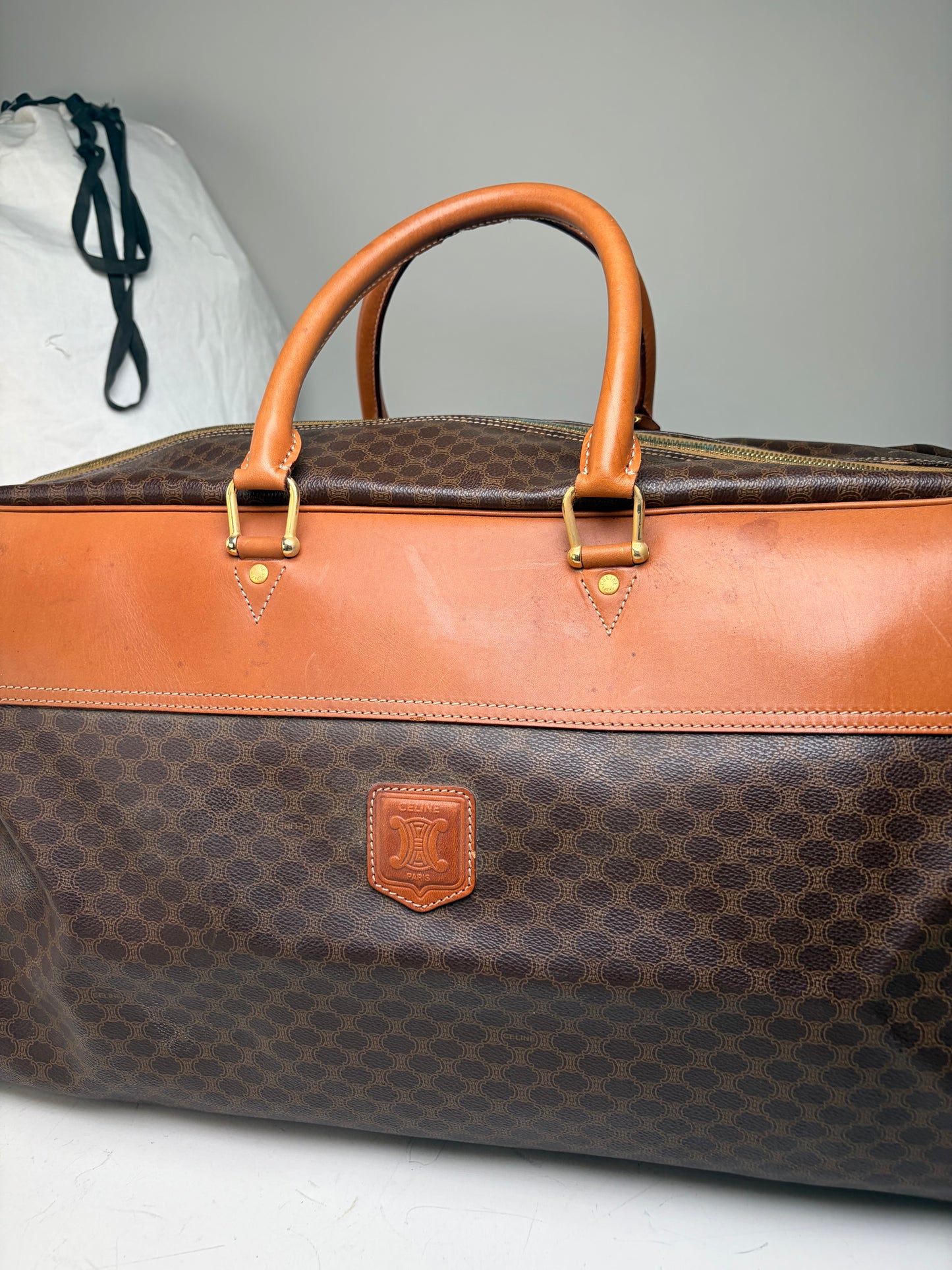 Vintage Celine Macadam Canvas Duffle Bag Brown Tan