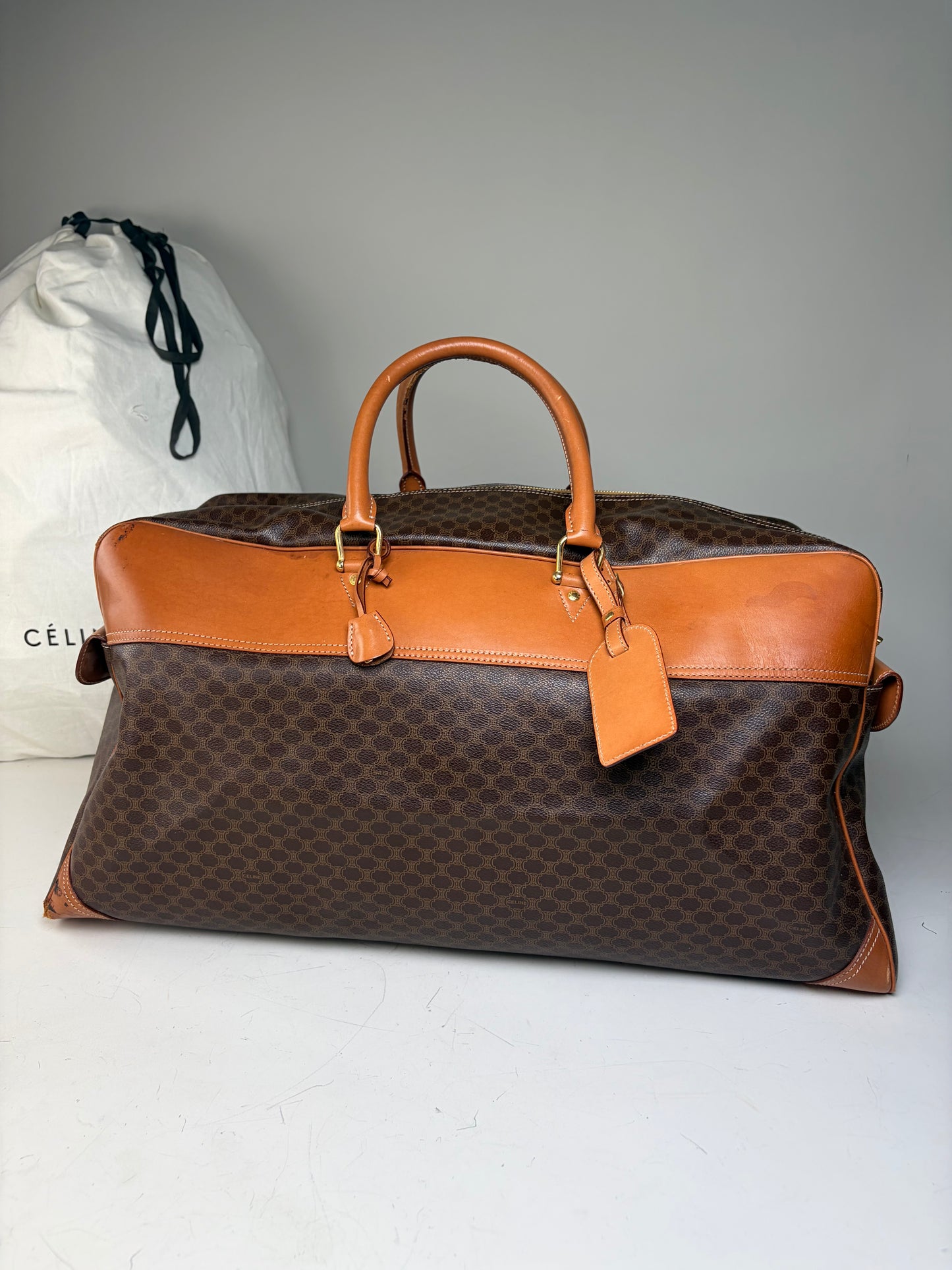 Vintage Celine Macadam Canvas Duffle Bag Brown Tan