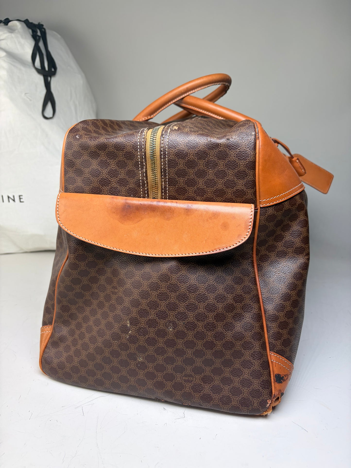 Vintage Celine Macadam Canvas Duffle Bag Brown Tan