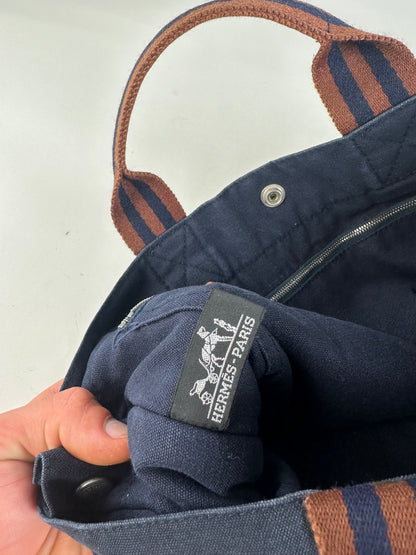 Vintage Hermes Canvas Tote Bag Navy Rust Silver
