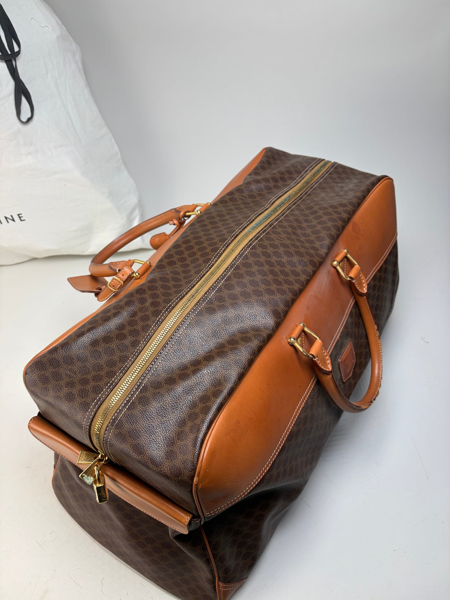 Vintage Celine Macadam Canvas Duffle Bag Brown Tan