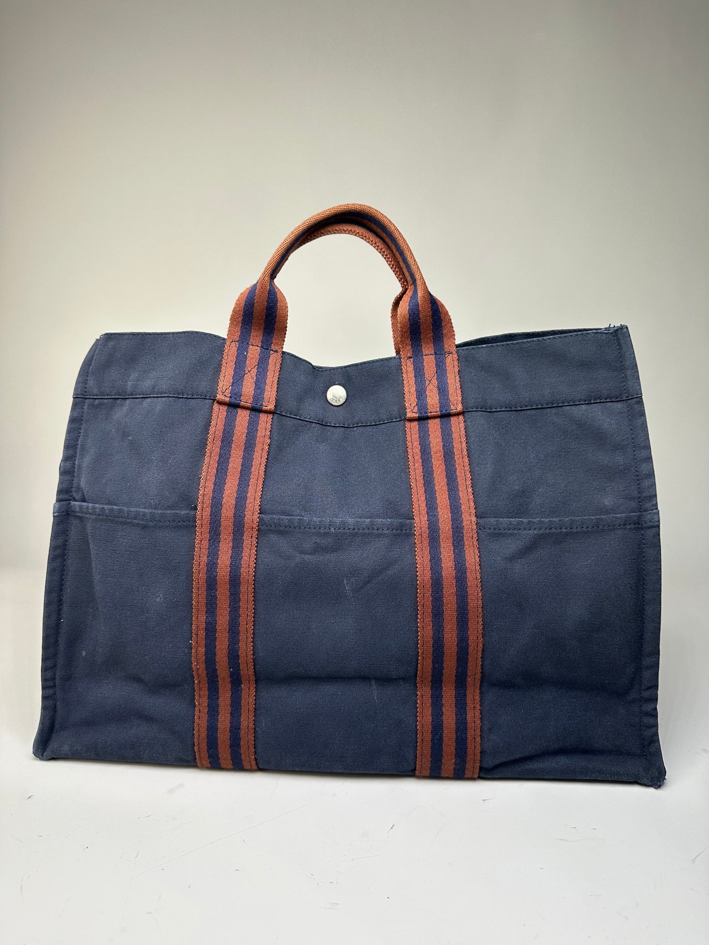 Vintage Hermes Canvas Tote Bag Navy Rust Silver