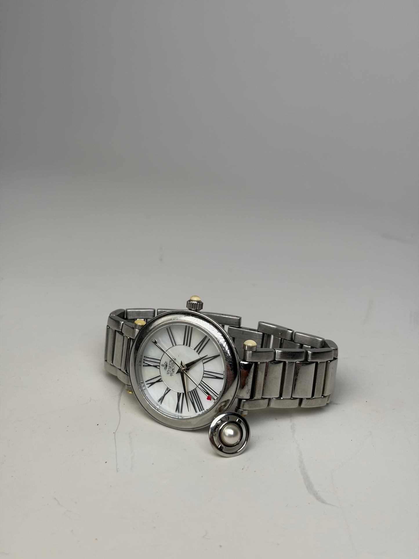 Vintage Vivienne Westwood Stainless Steel Ceramic Bracelet Watch Silver White