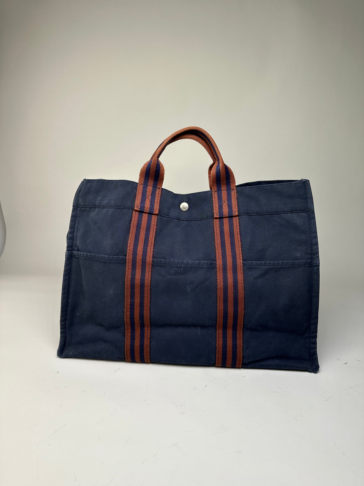 Vintage Hermes Canvas Tote Bag Navy Rust Silver