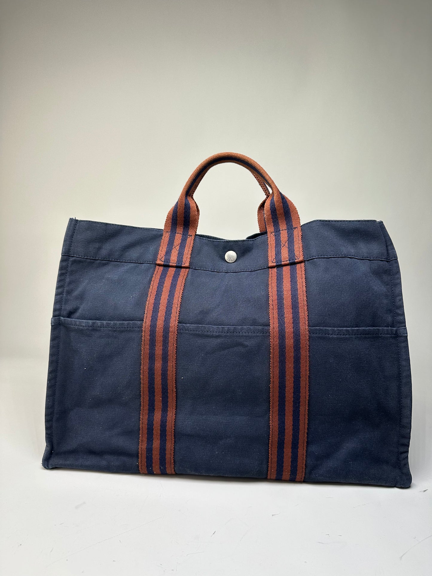 Vintage Hermes Canvas Tote Bag Navy Rust Silver