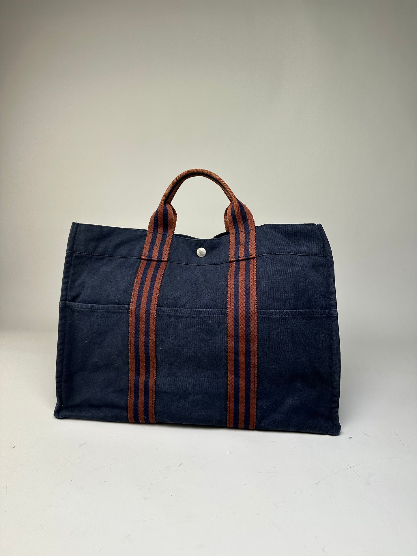 Vintage Hermes Canvas Tote Bag Navy Rust Silver