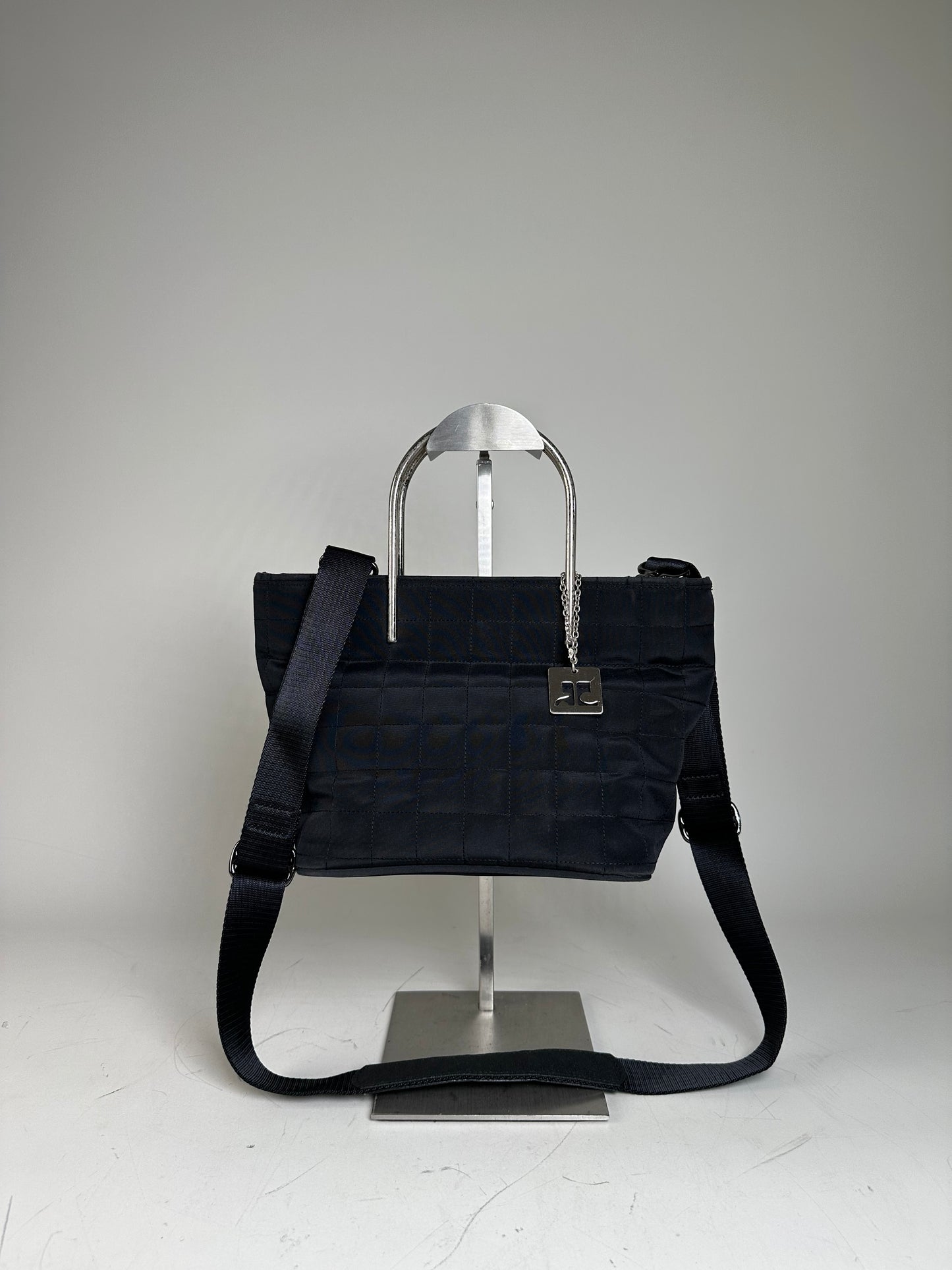 Vintage Courreges Chain Shoulder Bag Black Nylon Silver
