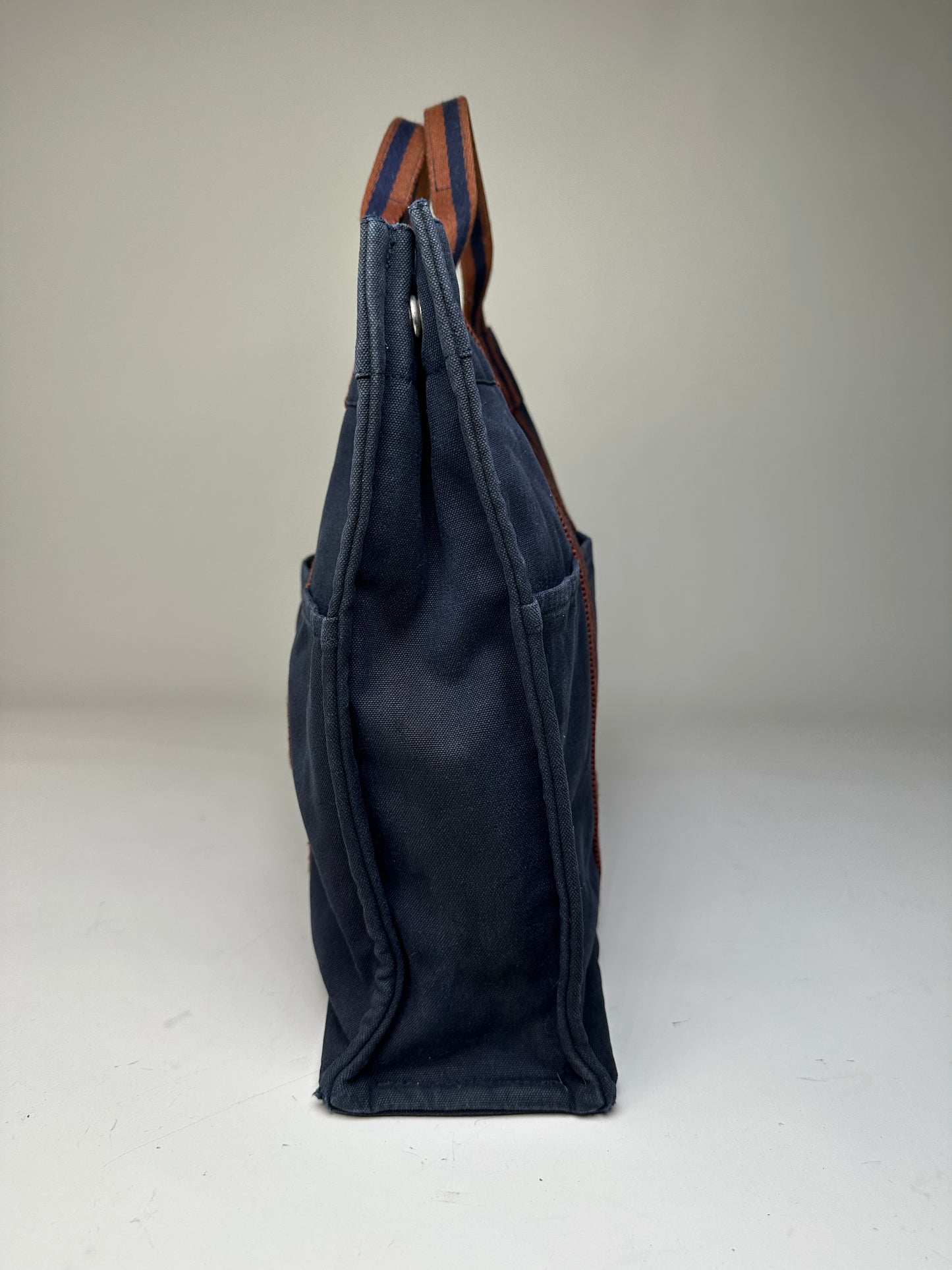 Vintage Hermes Canvas Tote Bag Navy Rust Silver