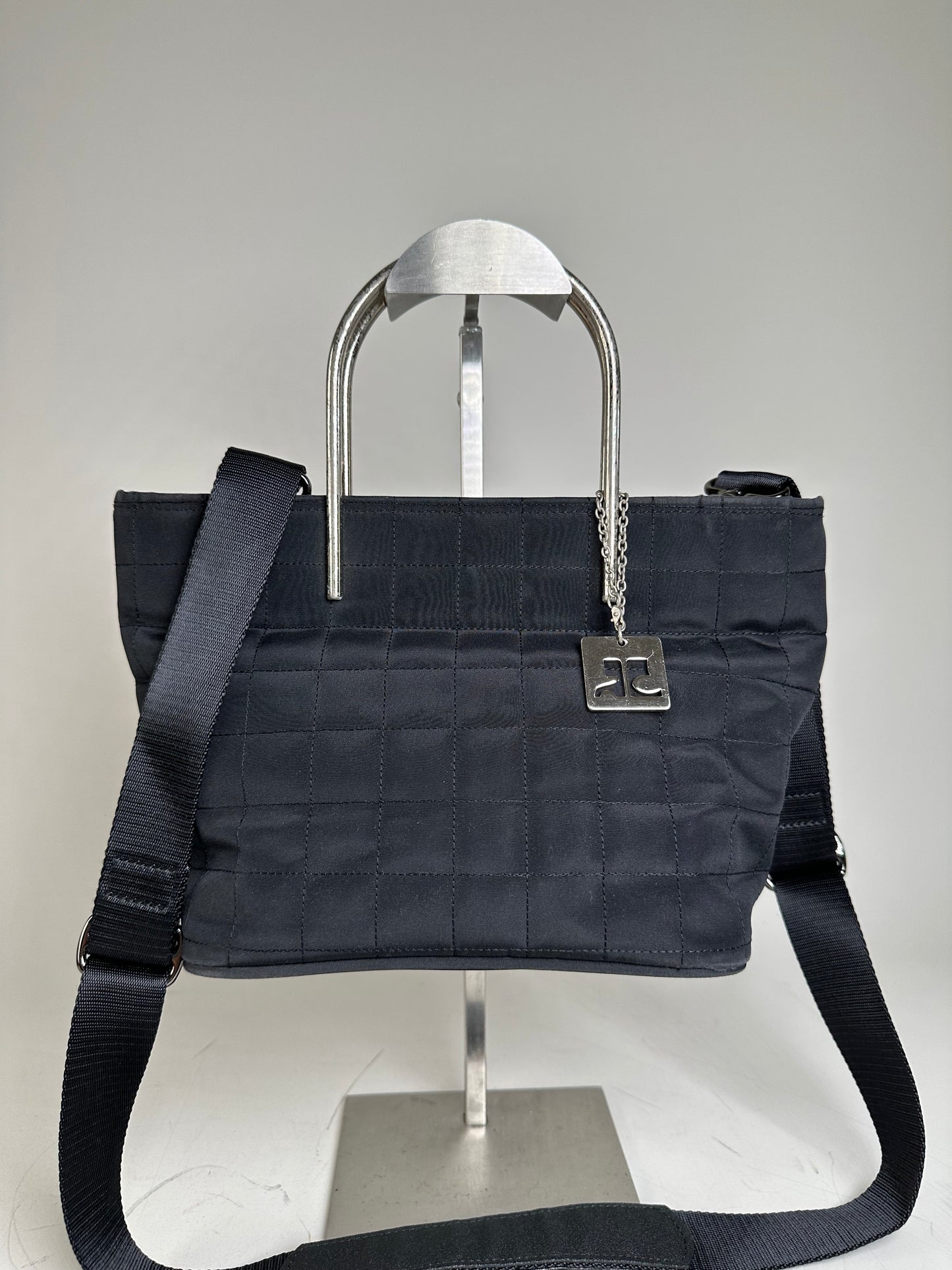 Vintage Courreges Chain Shoulder Bag Black Nylon Silver