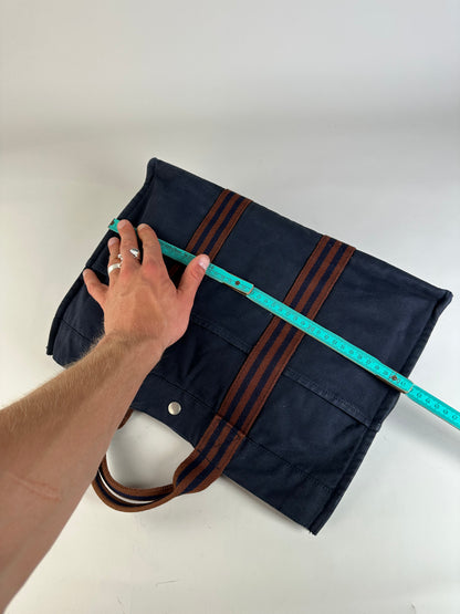 Vintage Hermes Canvas Tote Bag Navy Rust Silver