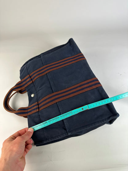 Vintage Hermes Canvas Tote Bag Navy Rust Silver
