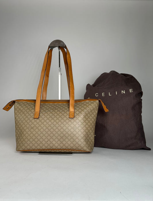 Vintage Celine Paris Monogram Leather Handbag Beige Brown