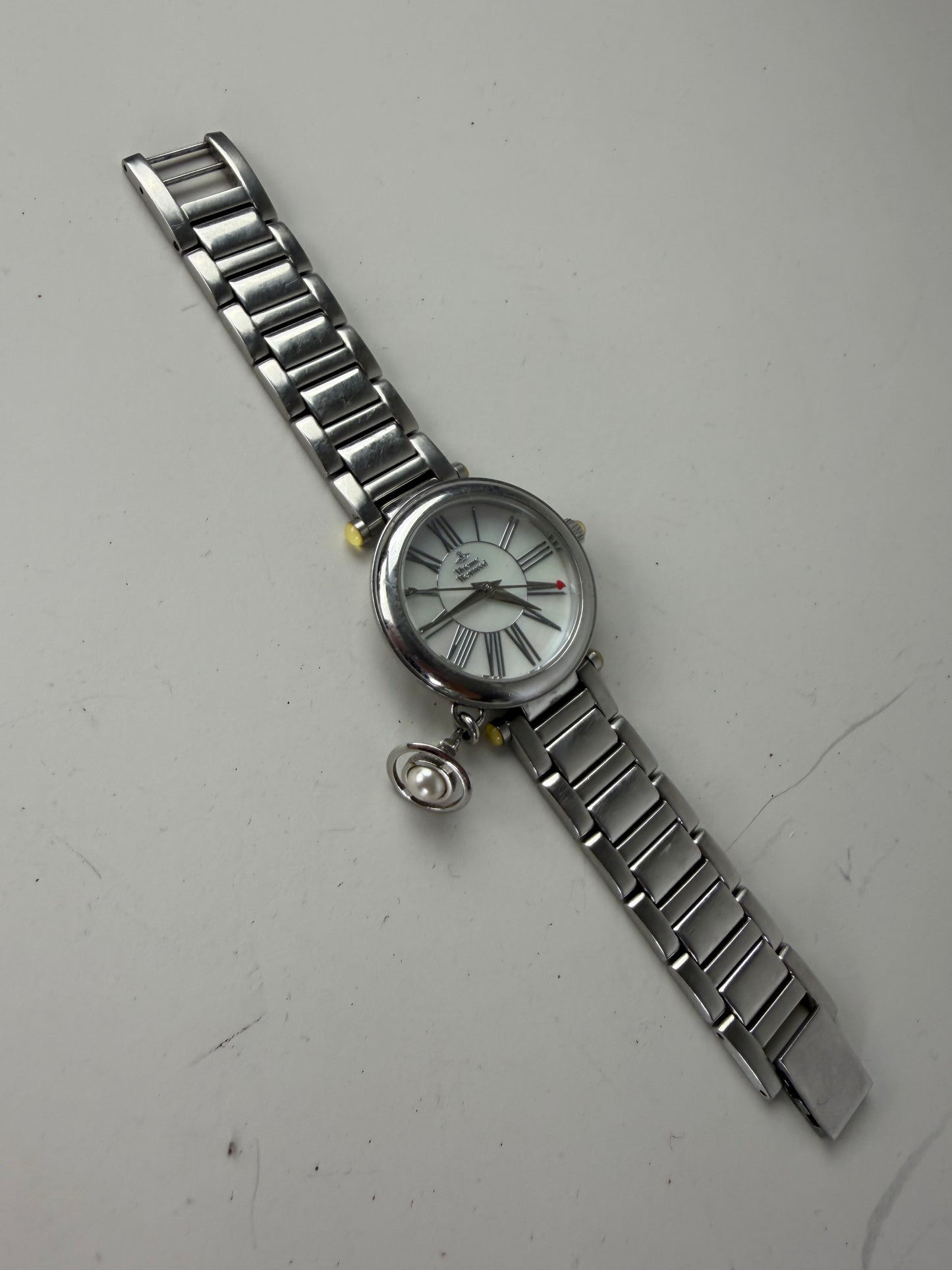 Vintage Vivienne Westwood Stainless Steel Ceramic Bracelet Watch Silver White