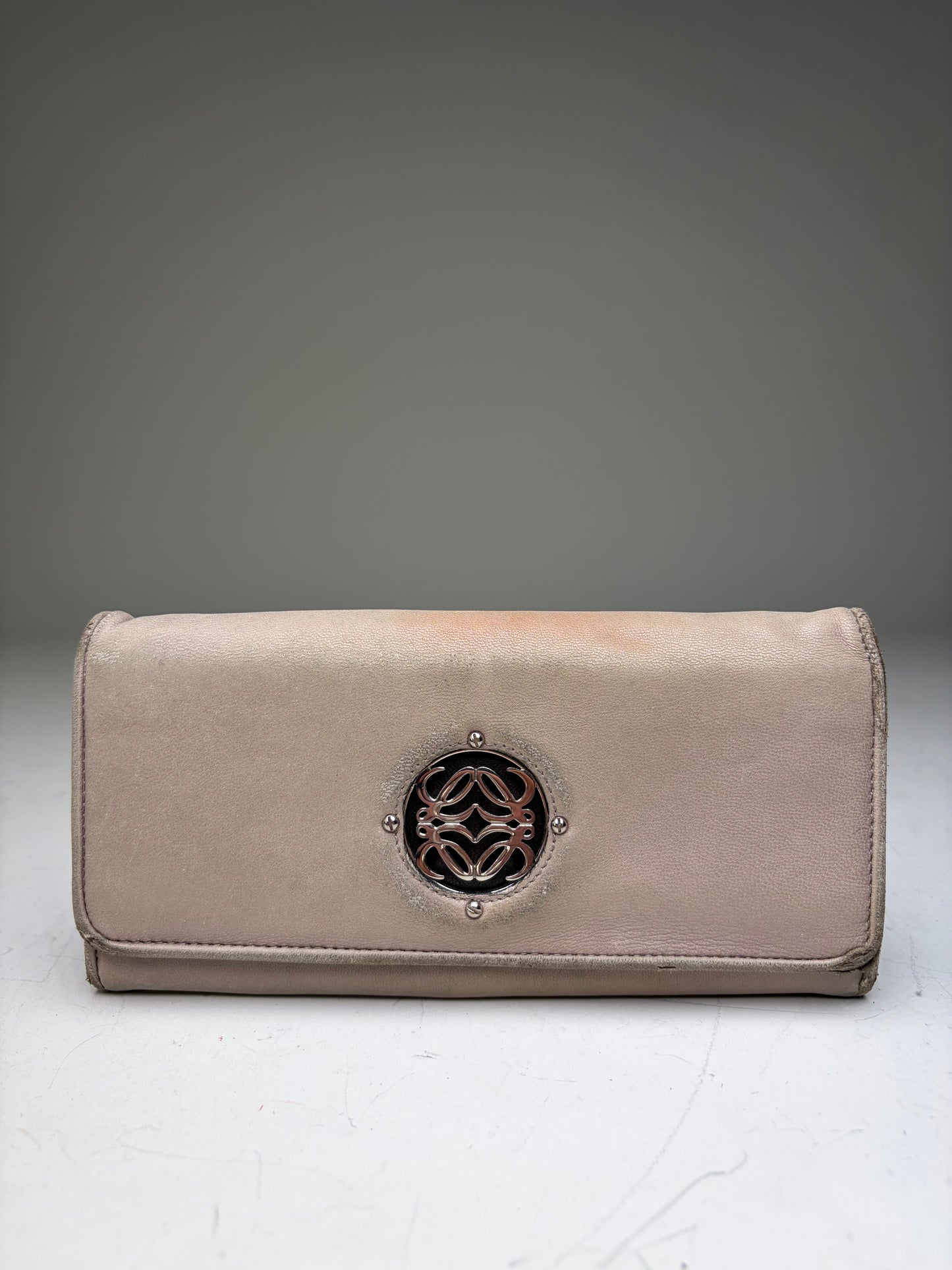 Vintage Loewe Leather Long Wallet Beige Brown Silver