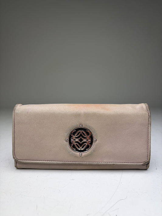 Vintage Loewe Leather Long Wallet Beige Brown Silver