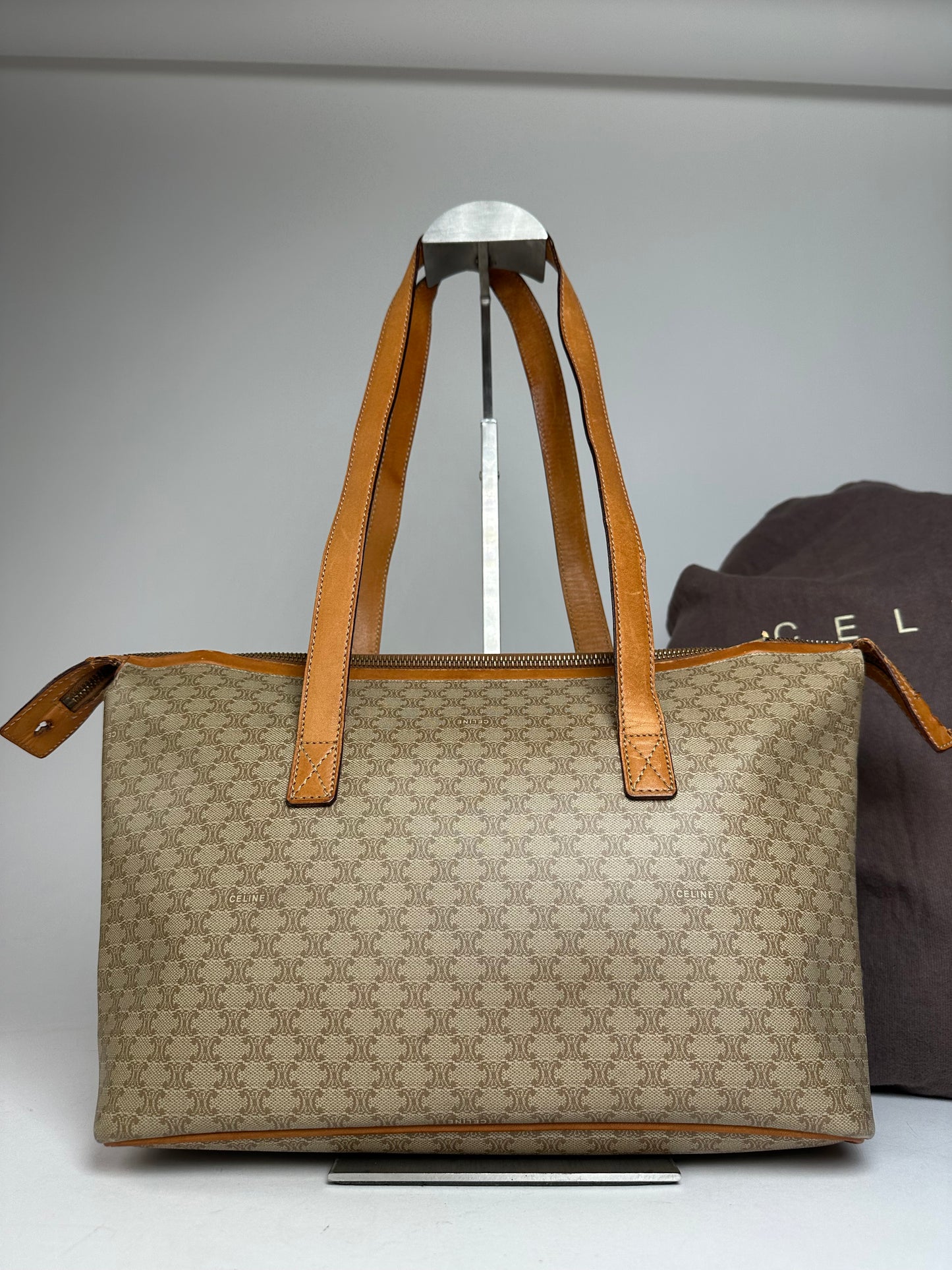 Vintage Celine Paris Monogram Leather Handbag Beige Brown