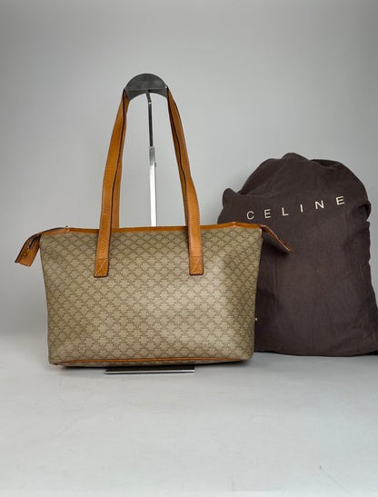 Vintage Celine Paris Monogram Leather Handbag Beige Brown